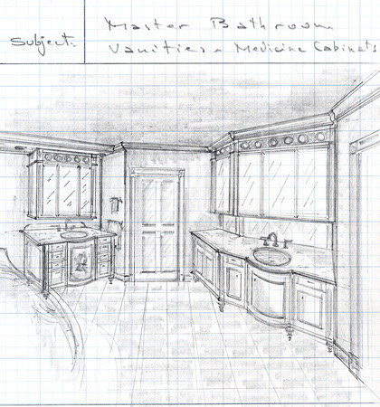 Pencil sketch of a primary bathroom with vanities and medicine cabinets