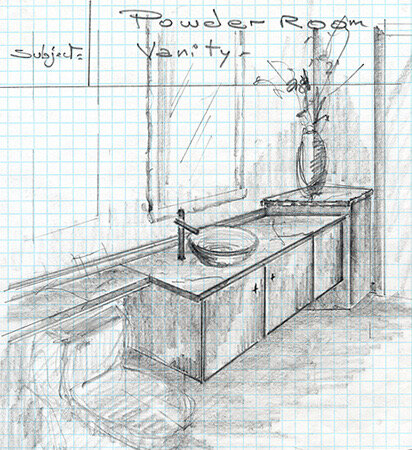 Pencil sketch of a powder room vanity with a vessel sink
