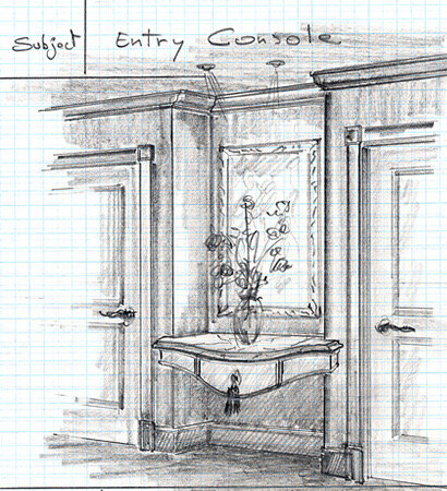 Pencil sketch of an entry console with a vase below a mirror