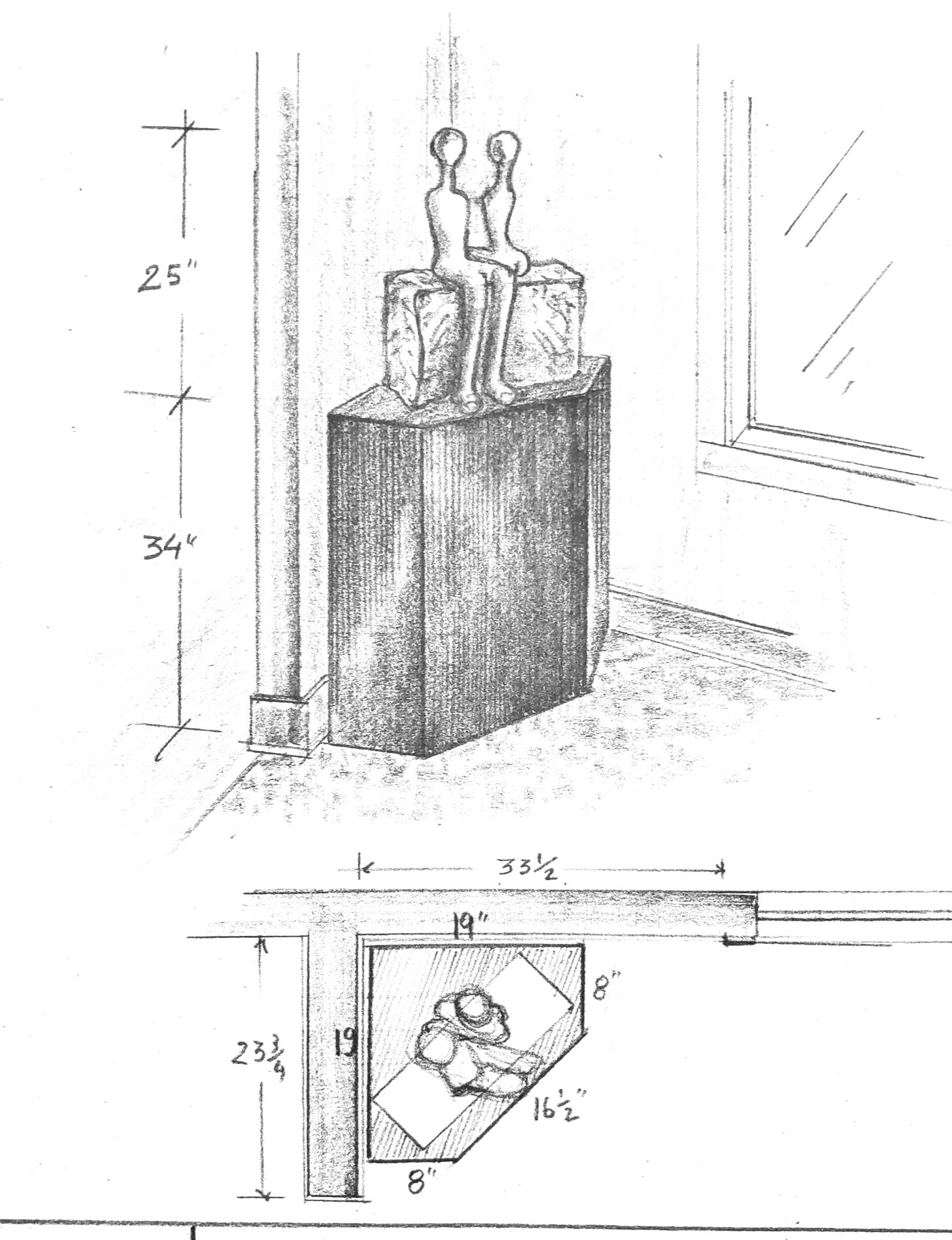 Hand-drawn pencil design for a corner pedestal holding a sculpture of two seated figures, with a measured plan view below
