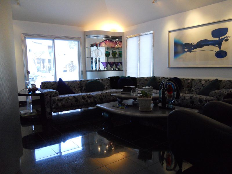 Living room with a corner glass display cabinet and a dark sectional