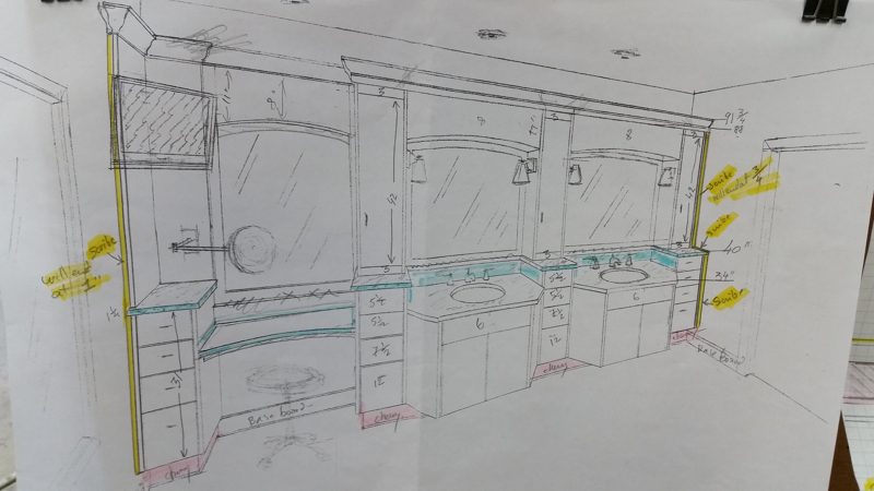 Hand-drawn elevation of a long double vanity with notes and marked measurements