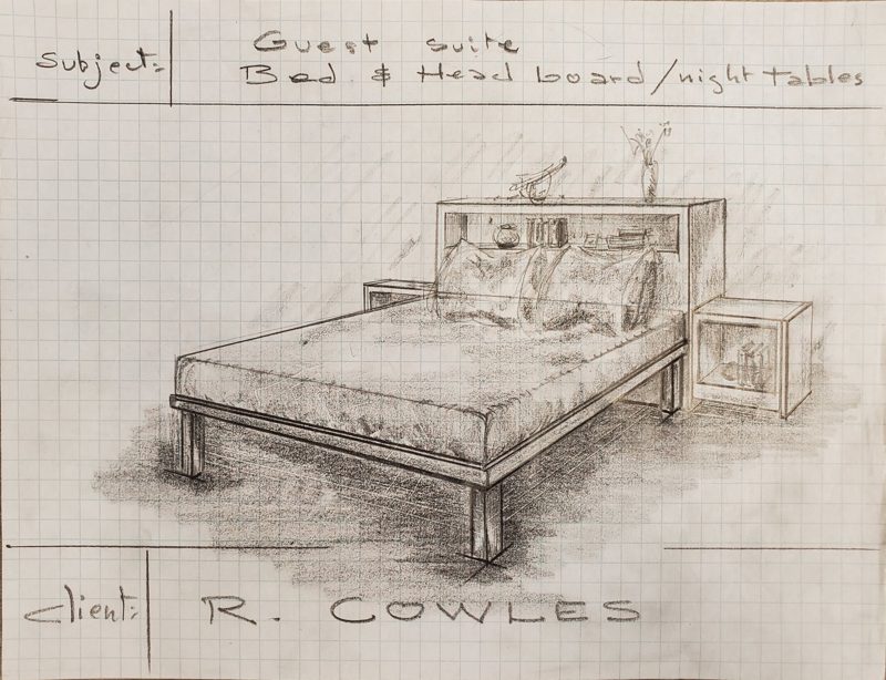 Pencil sketch of a guest bed with a headboard and nightstands