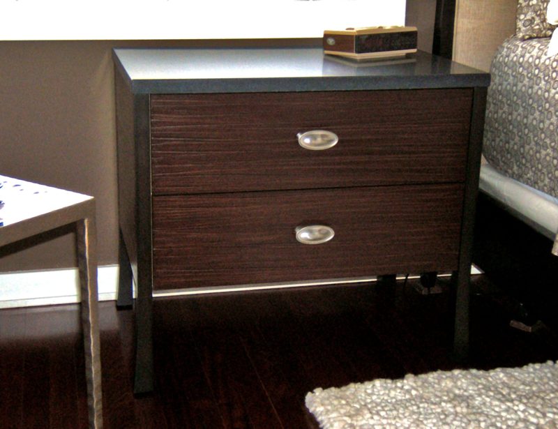 Striped dark wood nightstand with two drawers and round pulls