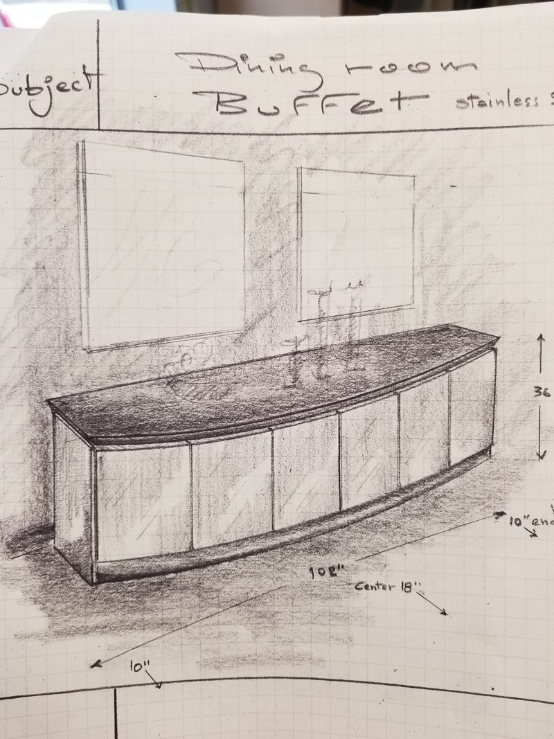Pencil sketch of a curved dining room buffet with dimensions