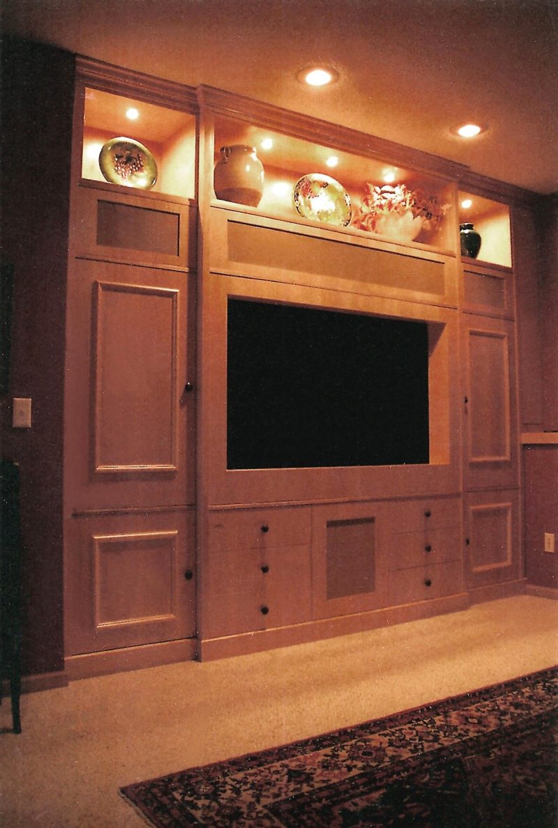 Paneled wood media wall with a TV, lower cabinets, and a lit display shelf