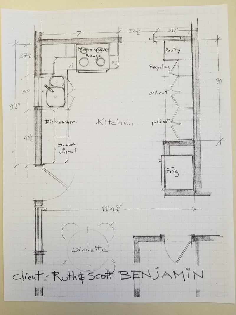 Hand-drawn kitchen floor plan with labeled cabinets and appliances
