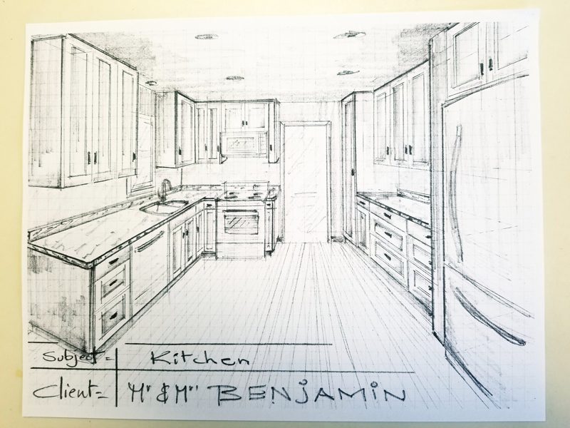 Hand-drawn perspective sketch of a white kitchen design
