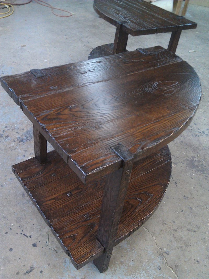 Dark rustic wood half-round end table with a lower shelf